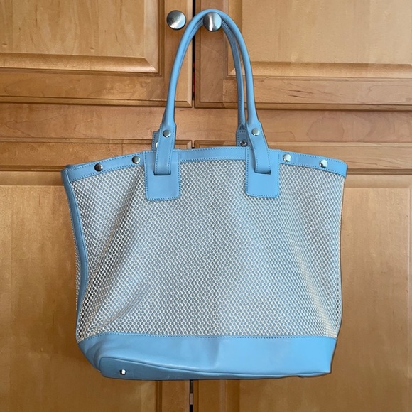 Levenger periwinkle blue leather tote with shoulder straps - Picture 5 of 10